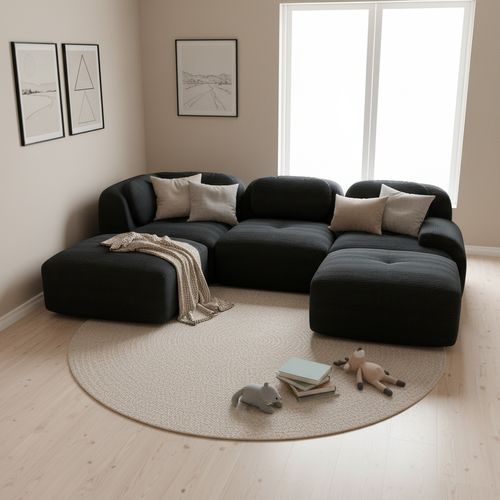 Canapé Modulable, 3 Places, Avec Accoudoirs, Revêtement En Velours Côtelé, Noir