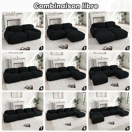 Canapé Modulable, 3 Places, Avec Accoudoirs, Revêtement En Velours Côtelé, Noir