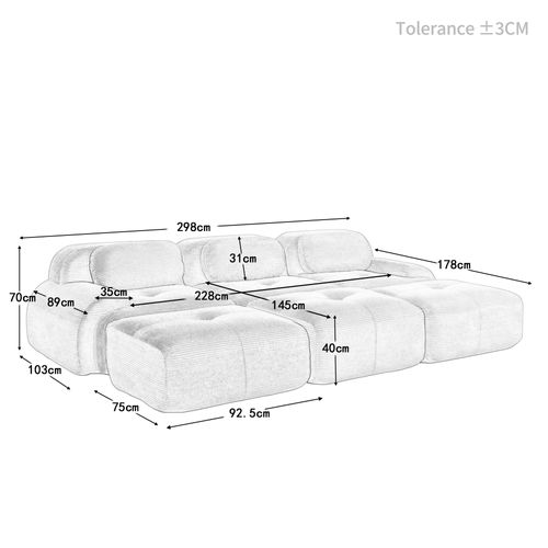 Canapé Modulable, 3 Places, Avec Accoudoirs, Revêtement En Velours Côtelé, Noir