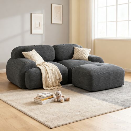 Canapé Modulable, 2 Places, Avec Accoudoirs, Revêtement En Velours Côtelé, Gris