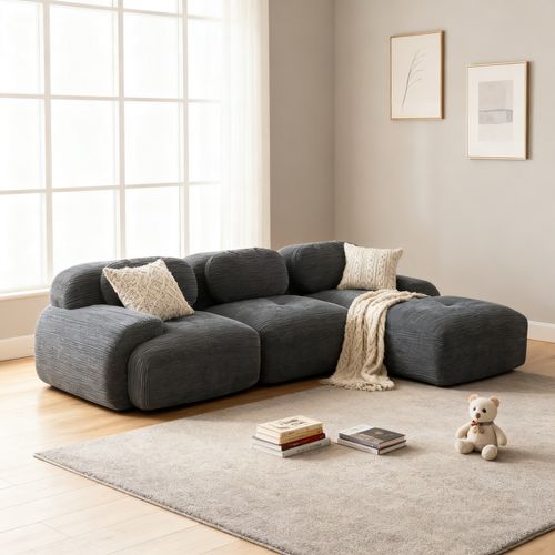 Canapé Modulable, 3 Places, Avec Accoudoirs, Revêtement En Velours Côtelé, Gris