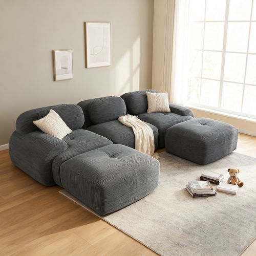 Canapé Modulable, 3 Places, Avec Accoudoirs, Revêtement En Velours Côtelé, Gris