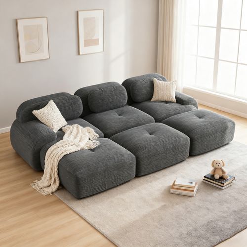 Canapé Modulable, 3 Places, Avec Accoudoirs, Revêtement En Velours Côtelé, Gris