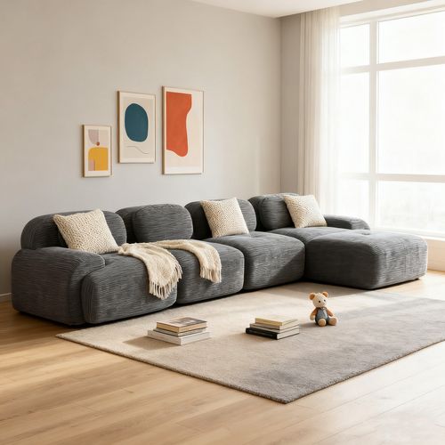 Canapé Modulable, 4 Places, Avec Accoudoirs, Revêtement En Velours Côtelé, Gris