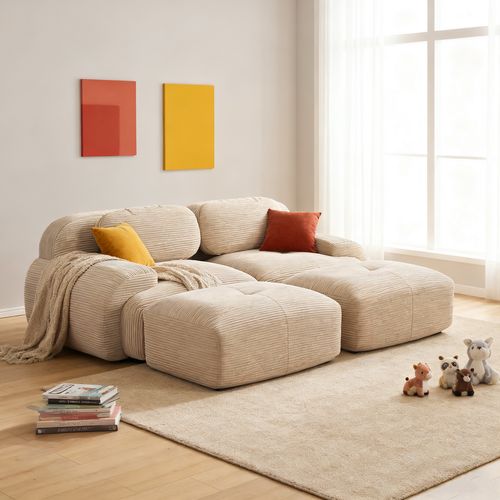 Canapé Modulable, 2 Places, Avec Accoudoirs, Revêtement En Velours Côtelé, Beige