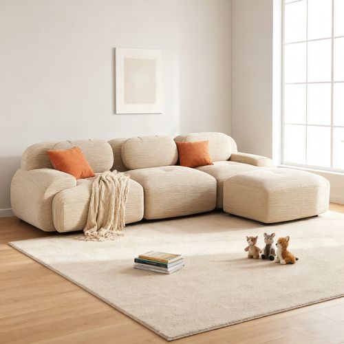 Canapé Modulable, 3 Places, Avec Accoudoirs, Revêtement En Velours Côtelé, Beige