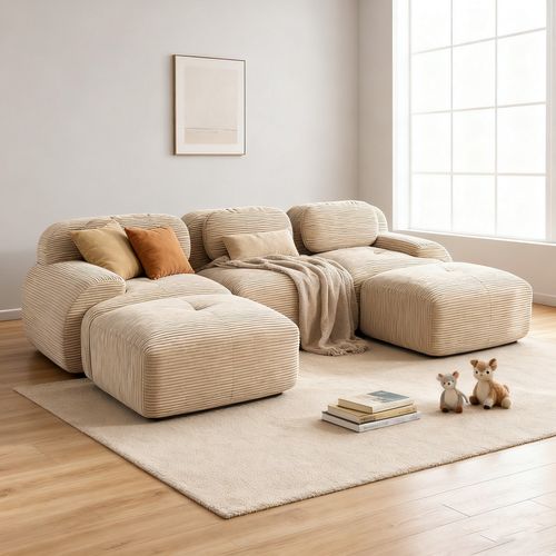 Canapé Modulable, 3 Places, Avec Accoudoirs, Revêtement En Velours Côtelé, Beige