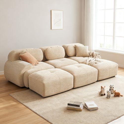 Canapé Modulable, 3 Places, Avec Accoudoirs, Revêtement En Velours Côtelé, Beige