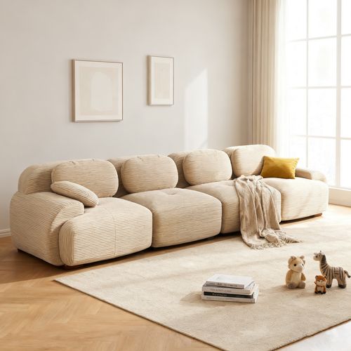 Canapé Modulable, 4 Places, Avec Accoudoirs, Revêtement En Velours Côtelé, Beige