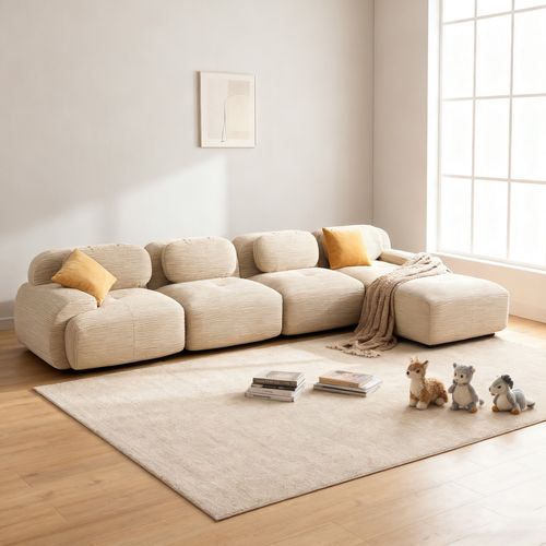 Canapé Modulable, 4 Places, Avec Accoudoirs, Revêtement En Velours Côtelé, Beige