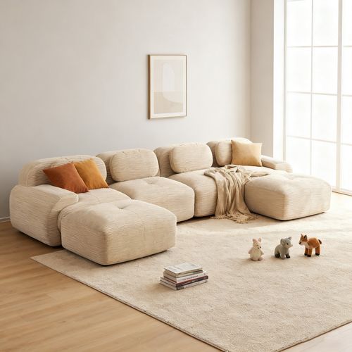 Canapé Modulable, 4 Places, Avec Accoudoirs, Revêtement En Velours Côtelé, Beige