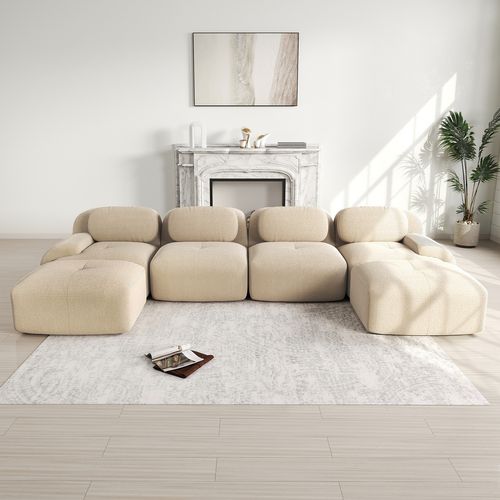 Canapé Modulable, 4 Places, Avec Accoudoirs, Revêtement En Velours Côtelé, Beige