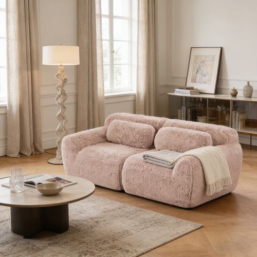 Canapé Modulable, 2 Places, Sans Assemblage Requis, Revêtement En Tissu Effet Fausse Fourrure, Rose