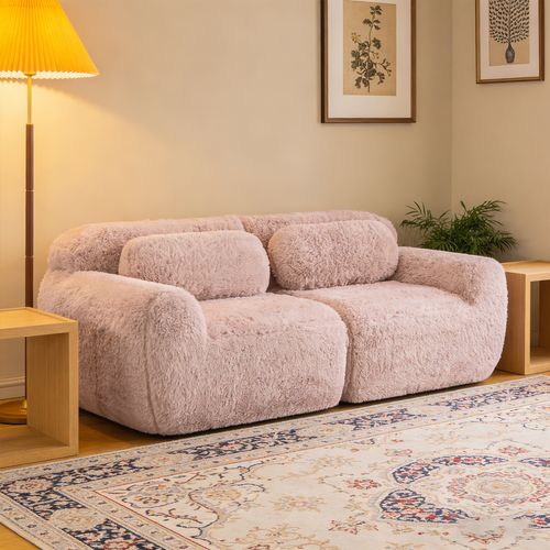 Canapé Modulable, 2 Places, Sans Assemblage Requis, Revêtement En Tissu Effet Fausse Fourrure, Rose
