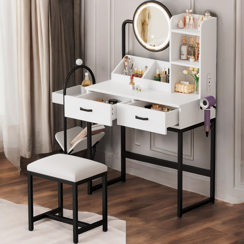 Coiffeuse Moderne avec Miroir Rotatif LED, Prises, Tabouret, Pieds Noirs, 2 Tiroirs, Étagères