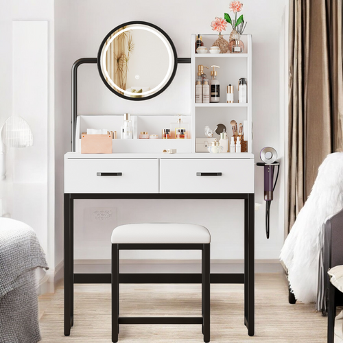 Coiffeuse Moderne avec Miroir Rotatif LED, Prises, Tabouret, Pieds Noirs, 2 Tiroirs, Étagères