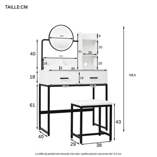 Coiffeuse Moderne avec Miroir Rotatif LED, Prises, Tabouret, Pieds Noirs, 2 Tiroirs, Étagères