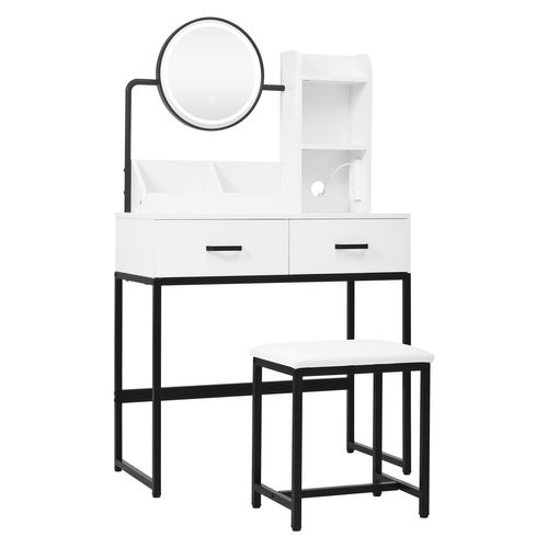 Coiffeuse Moderne avec Miroir Rotatif LED, Prises, Tabouret, Pieds Noirs, 2 Tiroirs, Étagères