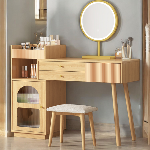 Coiffeuse en bois avec miroir LED 3 couleurs, style studio, 1 porte 2 tiroirs, idéale chambre