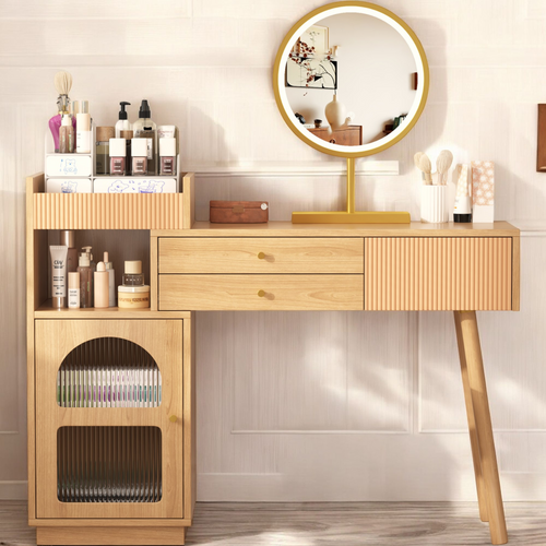 Coiffeuse en bois avec miroir LED 3 couleurs, style studio, 1 porte 2 tiroirs, idéale chambre