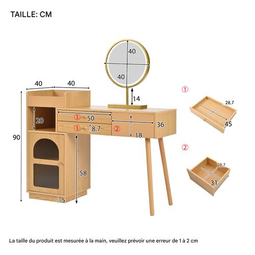 Coiffeuse en bois avec miroir LED 3 couleurs, style studio, 1 porte 2 tiroirs, idéale chambre
