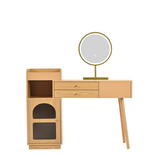 Coiffeuse en bois avec miroir LED 3 couleurs, style studio, 1 porte 2 tiroirs, idéale chambre