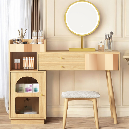 Coiffeuse en bois avec miroir LED 3 couleurs, style studio, 1 porte 2 tiroirs, idéale chambre