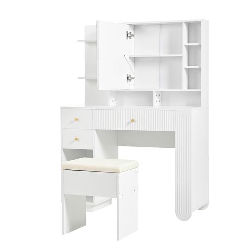 Coiffeuse LED avec miroir irrégulier et tabouret, 2 tiroirs, 1 porte, pieds dorés, blanc moderne