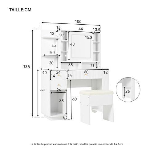 Coiffeuse LED avec miroir irrégulier et tabouret, 2 tiroirs, 1 porte, pieds dorés, blanc moderne