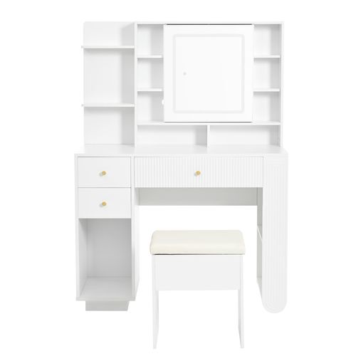 Coiffeuse LED avec miroir irrégulier et tabouret, 2 tiroirs, 1 porte, pieds dorés, blanc moderne