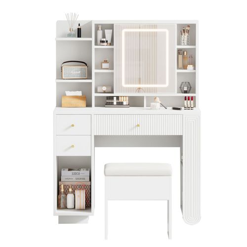 Coiffeuse LED avec miroir irrégulier et tabouret, 2 tiroirs, 1 porte, pieds dorés, blanc moderne