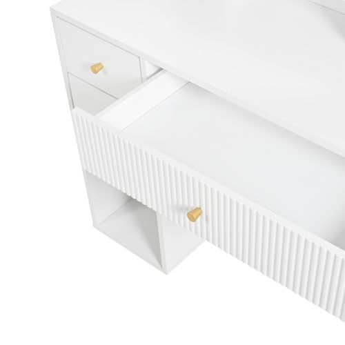 Coiffeuse LED avec miroir irrégulier et tabouret, 2 tiroirs, 1 porte, pieds dorés, blanc moderne