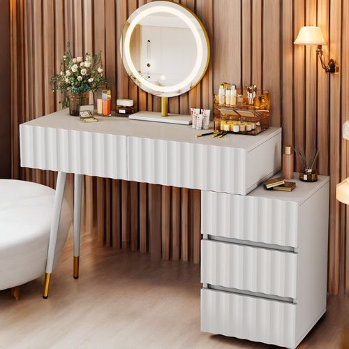 Coiffeuse Blanche Avec Miroir LED, 5 Tiroirs Spacieux, Idéale Pour Chambre