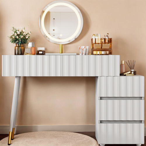 Coiffeuse Blanche Avec Miroir LED, 5 Tiroirs Spacieux, Idéale Pour Chambre