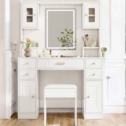 Grande Coiffeuse Blanche Avec Miroir, 6 Tiroirs Et 4 Portes, Avec Prises Et LED