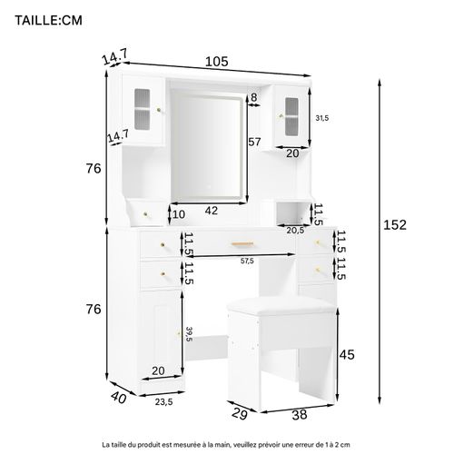 Grande Coiffeuse Blanche Avec Miroir, 6 Tiroirs Et 4 Portes, Avec Prises Et LED