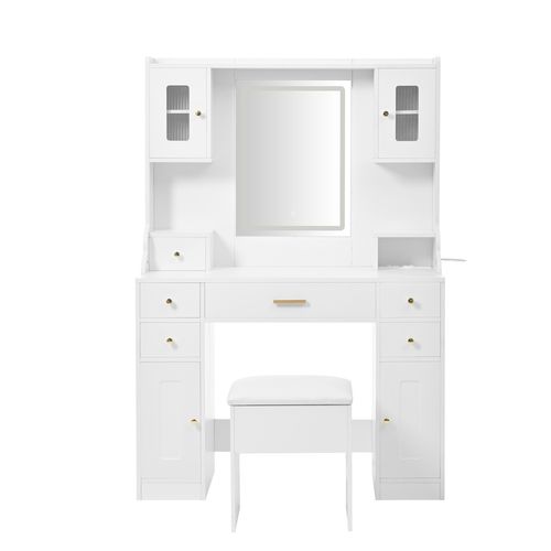 Grande Coiffeuse Blanche Avec Miroir, 6 Tiroirs Et 4 Portes, Avec Prises Et LED