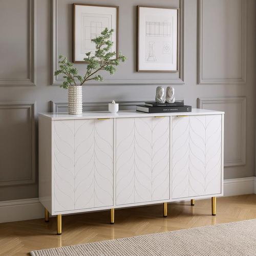 Buffet de cuisine moderne, pieds dorés, poignées arrondies, motif floral, blanc, 3 portes