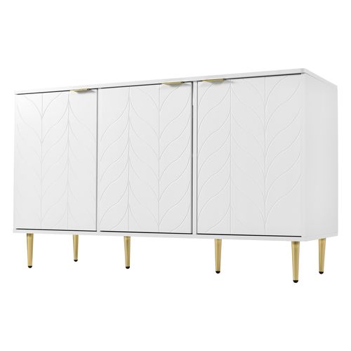 Buffet de cuisine moderne, pieds dorés, poignées arrondies, motif floral, blanc, 3 portes