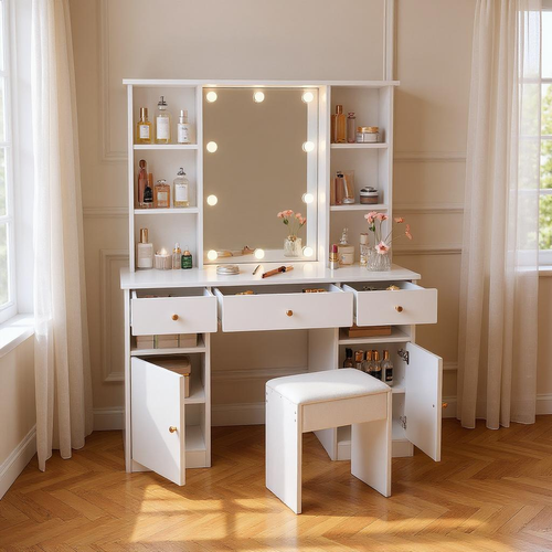 Grande Coiffeuse Blanche Avec Miroir LED, Tabouret, 3 Tiroirs Et 2 Portes