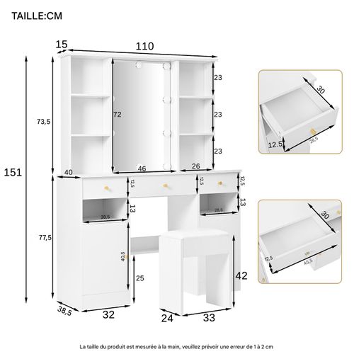 Grande Coiffeuse Blanche Avec Miroir LED, Tabouret, 3 Tiroirs Et 2 Portes
