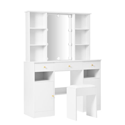 Grande Coiffeuse Blanche Avec Miroir LED, Tabouret, 3 Tiroirs Et 2 Portes