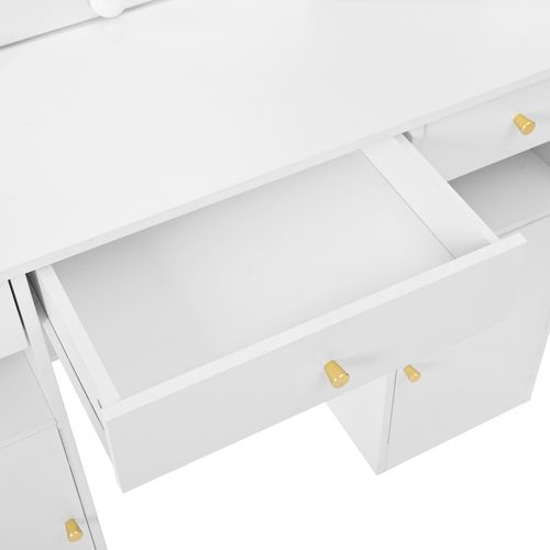 Grande Coiffeuse Blanche Avec Miroir LED, Tabouret, 3 Tiroirs Et 2 Portes