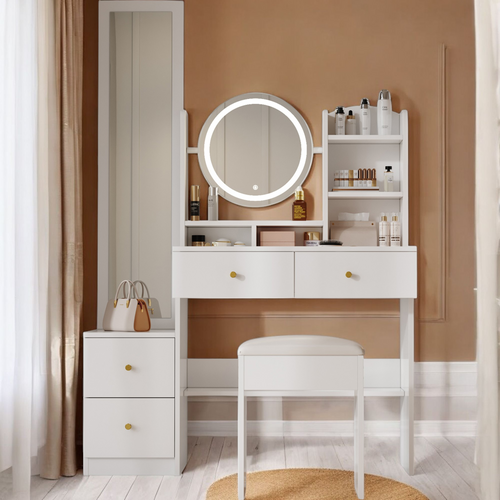 Coiffeuse 4-en-1 avec miroir plein pied et miroir rotatif, LED, poignées métal, blanc, avec tabouret