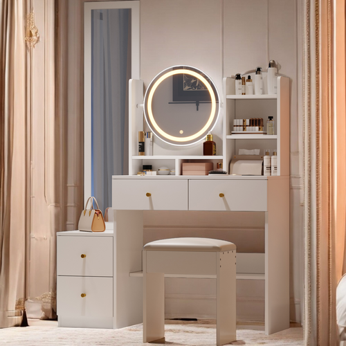 Coiffeuse 4-en-1 avec miroir plein pied et miroir rotatif, LED, poignées métal, blanc, avec tabouret