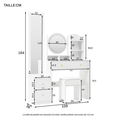 Coiffeuse 4-en-1 avec miroir plein pied et miroir rotatif, LED, poignées métal, blanc, avec tabouret