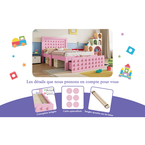 Lit Simple En Bois 90 X 190 Cm Rose, Design Bloc Créatif, Sommier Inclus, Avec Tiroirs