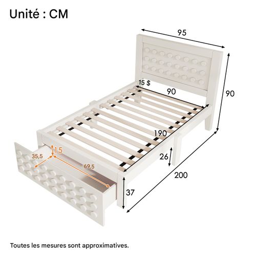 Lit Simple En Bois 90 X 190 Cm Blanc, Design Bloc Créatif, Sommier Inclus, Avec Tiroirs