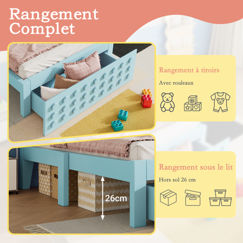 Lit Simple En Bois 90 X 200 Cm, Design Bloc Créatif, Sommier Inclus, Avec Tiroirs