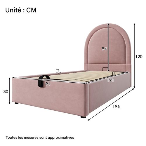 Lit Coffre Enfant Rembourré 90 X 190 Cm, Velours Rose, Design Élégant, Sans Matelas